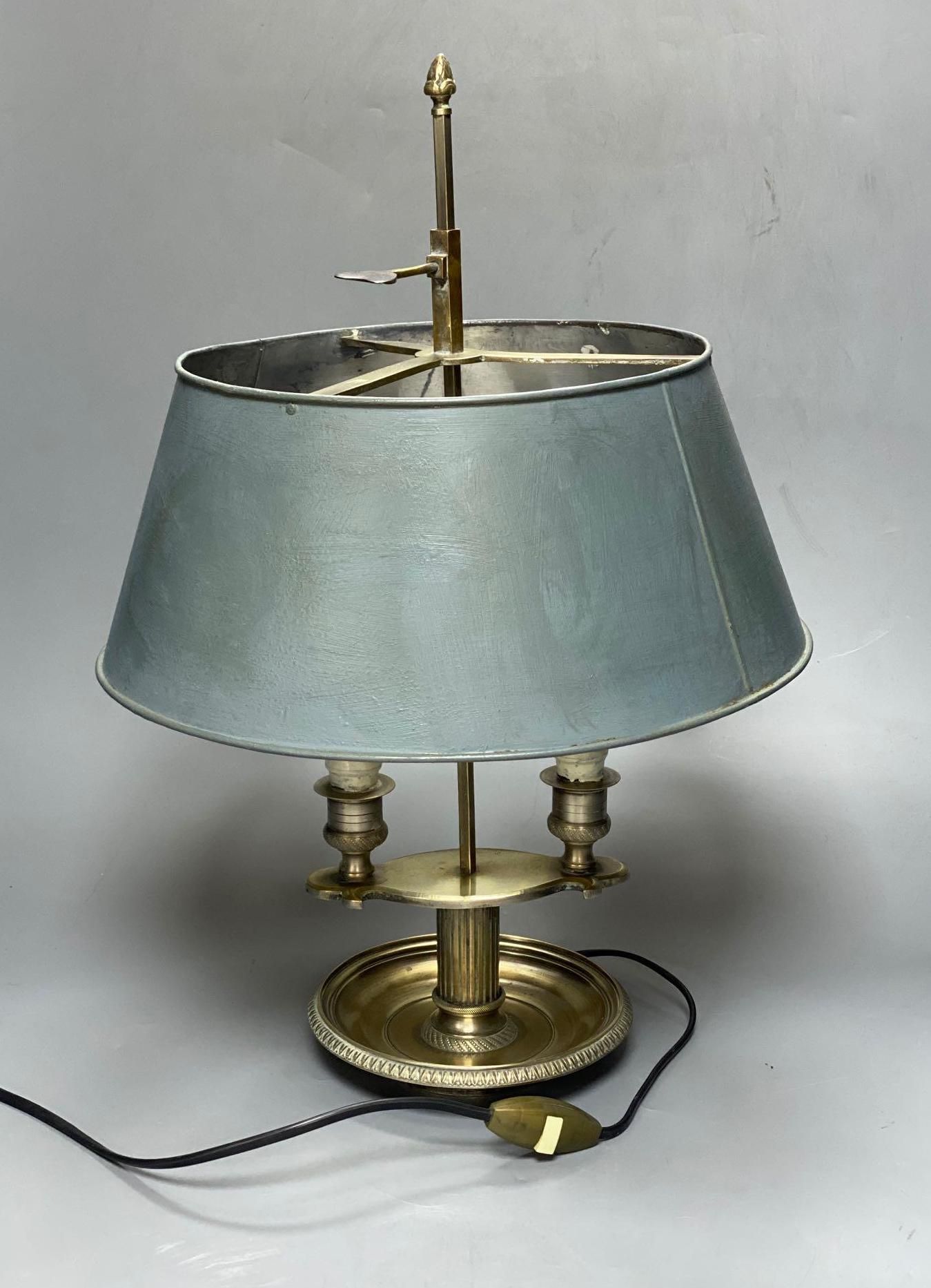 A French silver plated students lamp, with height adjustable painted tin tray, converted to electric